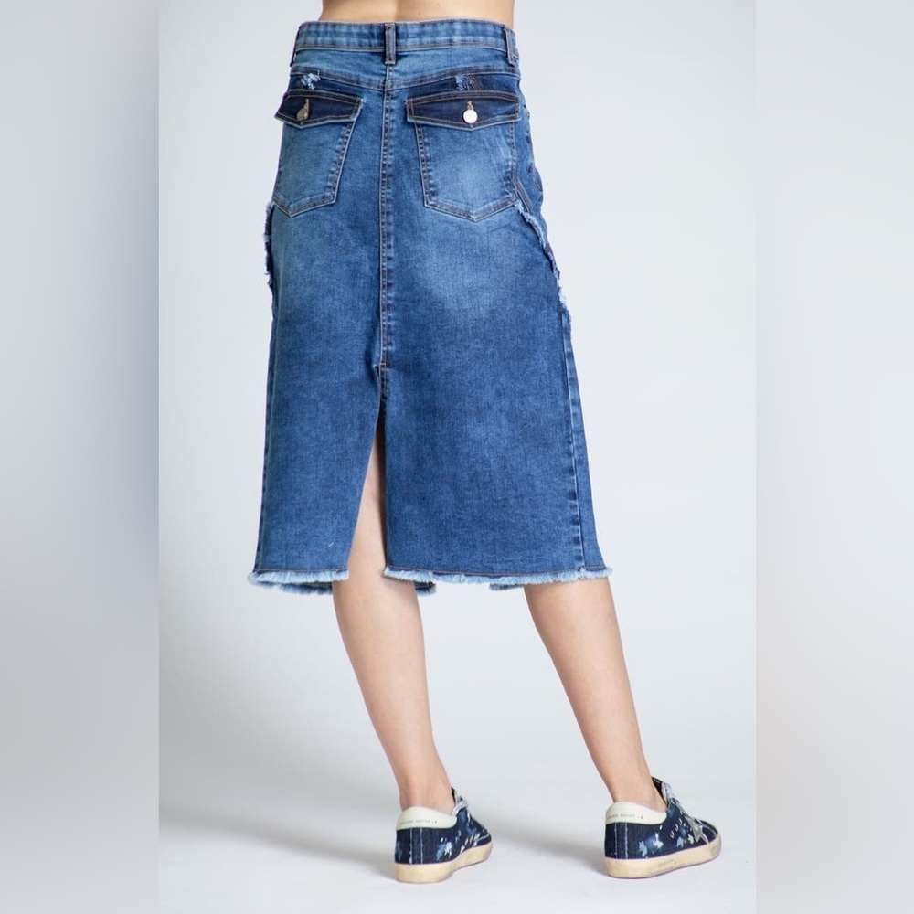 APNY • Fray Hem A-Line Denim Midi Pencil Skirt - Picture 2 of 15
